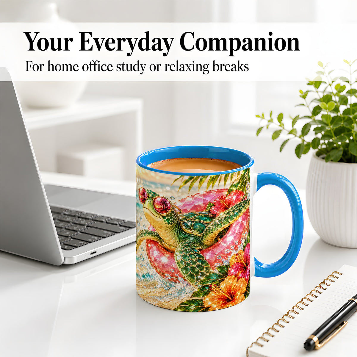 #pl[11oz|Blue] Tropical Sea Turtle Accent Mug, Ceramic Drinkware for Beach Fans