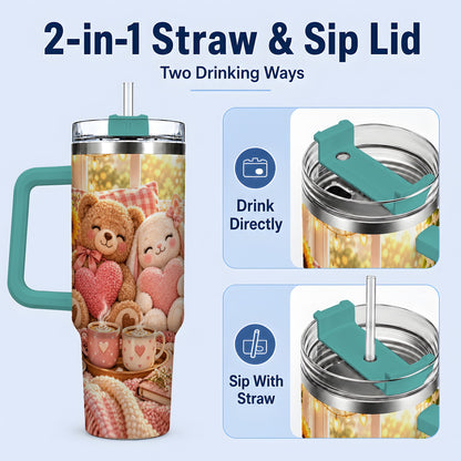 #pl[40oz|Green] Teddy Bear Bunny Hearts 40oz Tumbler, Stainless Steel