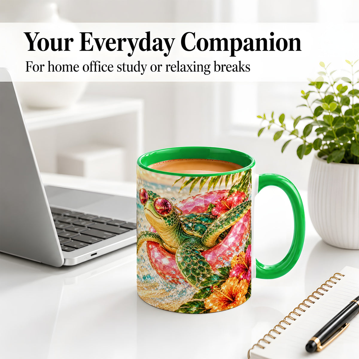 #pl[11oz|Green] Tropical Sea Turtle Accent Mug, Ceramic Drinkware for Beach Fans