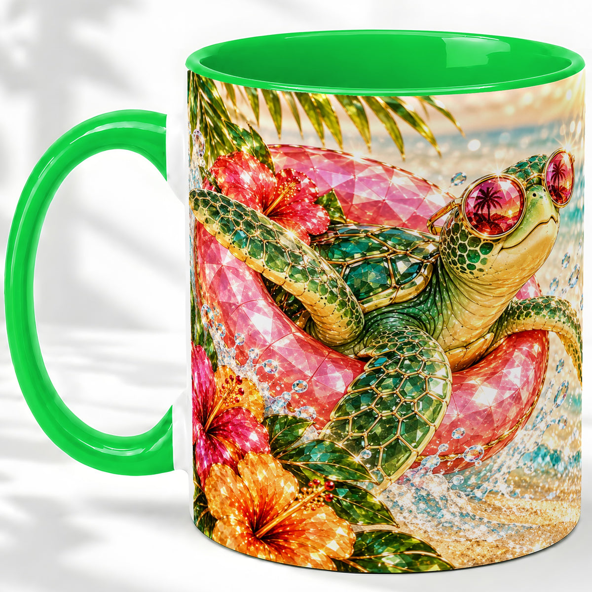 #pl[11oz|Green] Tropical Sea Turtle Accent Mug, Ceramic Drinkware for Beach Fans