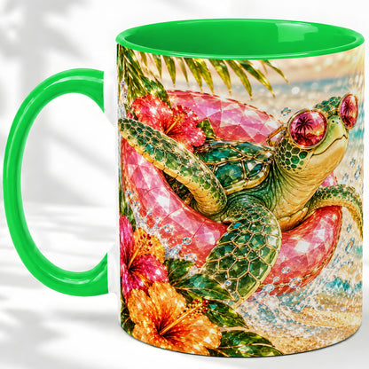 #pl[11oz|Green] Tropical Sea Turtle Accent Mug, Ceramic Drinkware for Beach Fans