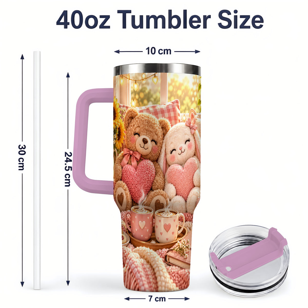 #pl[40oz|Pink] Teddy Bear Bunny Hearts 40oz Tumbler, Stainless Steel