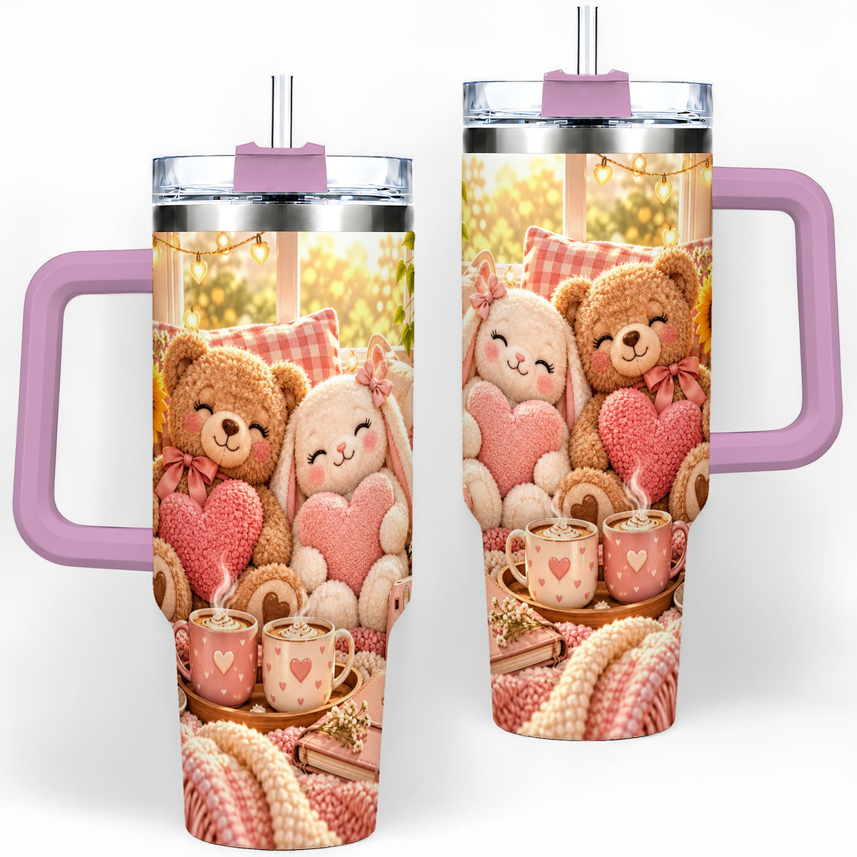 #pl[40oz|Pink] Teddy Bear Bunny Hearts 40oz Tumbler, Stainless Steel