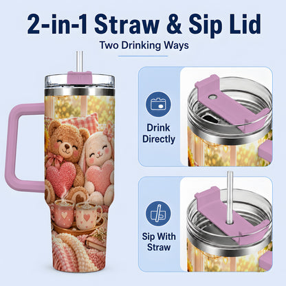 #pl[40oz|Pink] Teddy Bear Bunny Hearts 40oz Tumbler, Stainless Steel