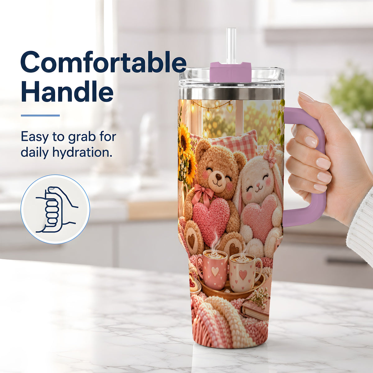 #pl[40oz|Pink] Teddy Bear Bunny Hearts 40oz Tumbler, Stainless Steel