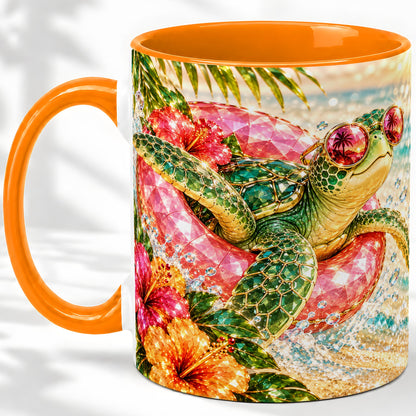 #pl[11oz|Orange] Tropical Sea Turtle Accent Mug, Ceramic Drinkware for Beach Fans