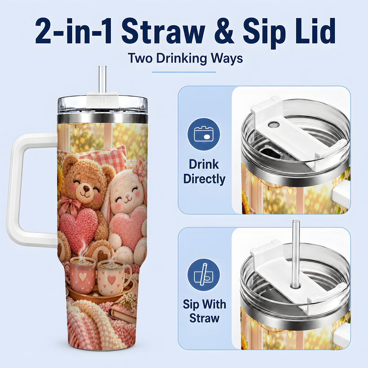 #pl[40oz|White] Teddy Bear Bunny Hearts 40oz Tumbler, Stainless Steel