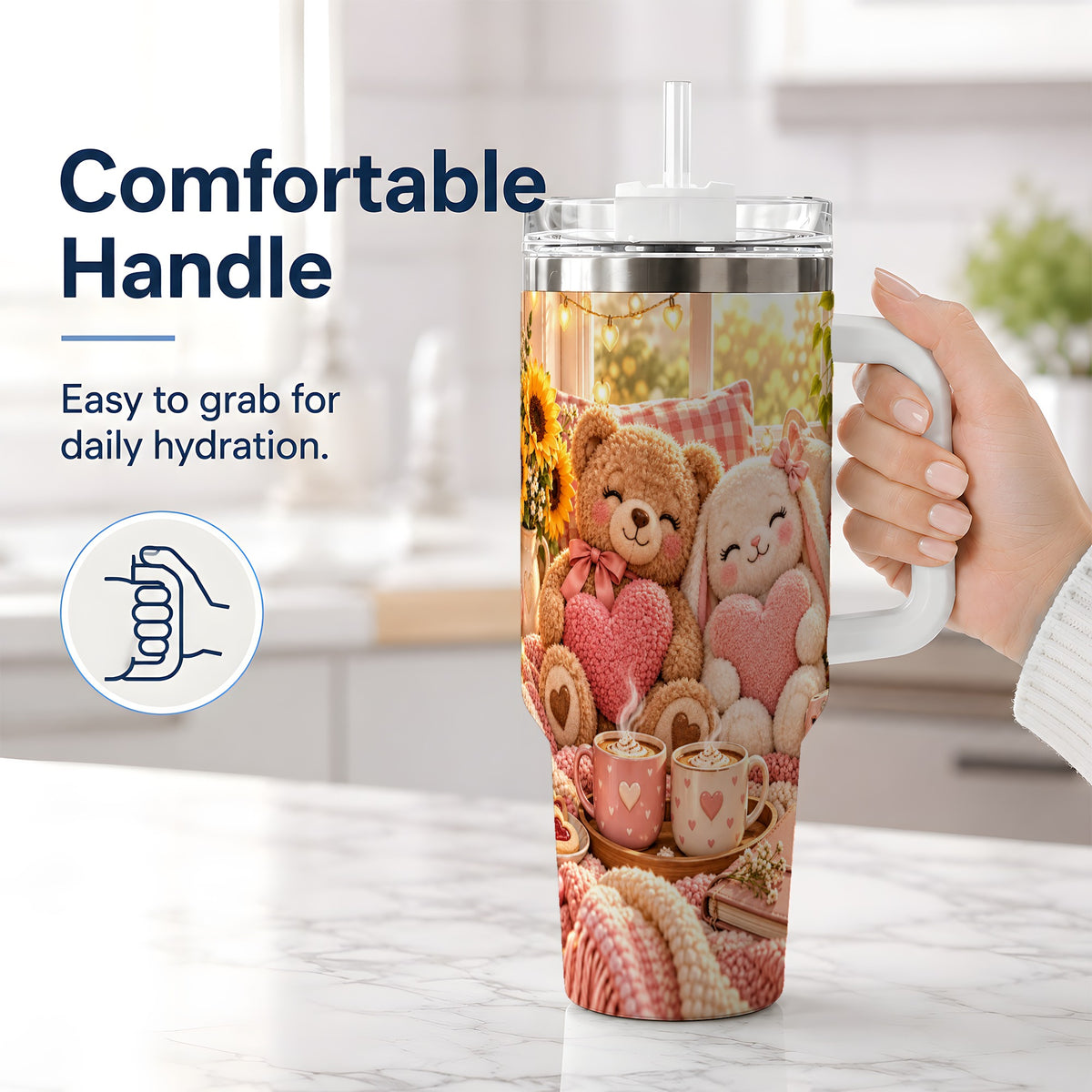 #pl[40oz|White] Teddy Bear Bunny Hearts 40oz Tumbler, Stainless Steel