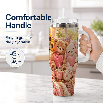#pl[40oz|White] Teddy Bear Bunny Hearts 40oz Tumbler, Stainless Steel