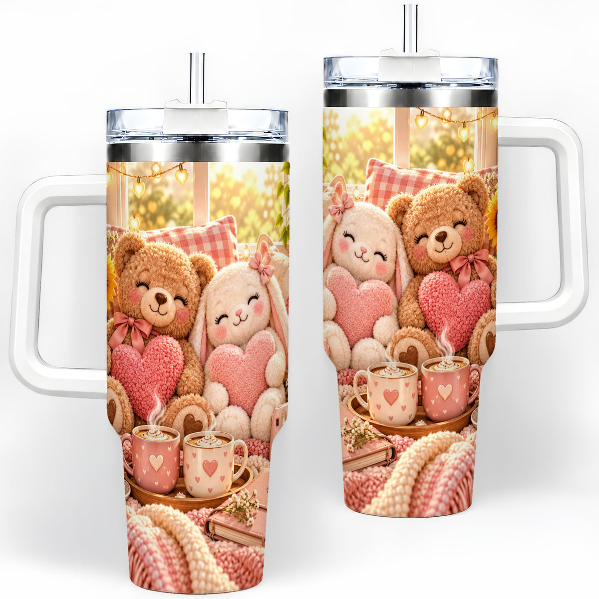 Teddy Bear Bunny Hearts 40oz Tumbler, Stainless Steel