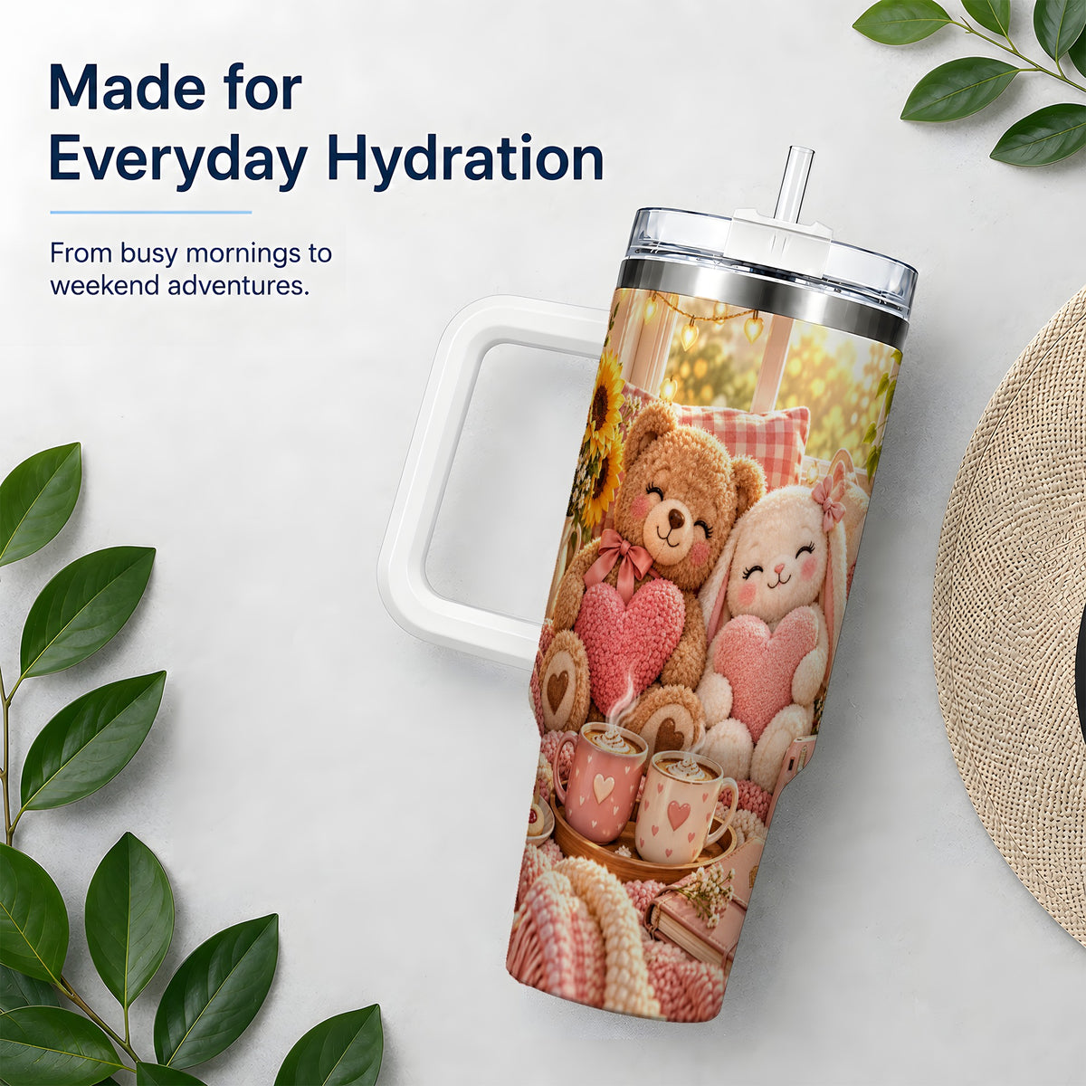 Teddy Bear Bunny Hearts 40oz Tumbler, Stainless Steel