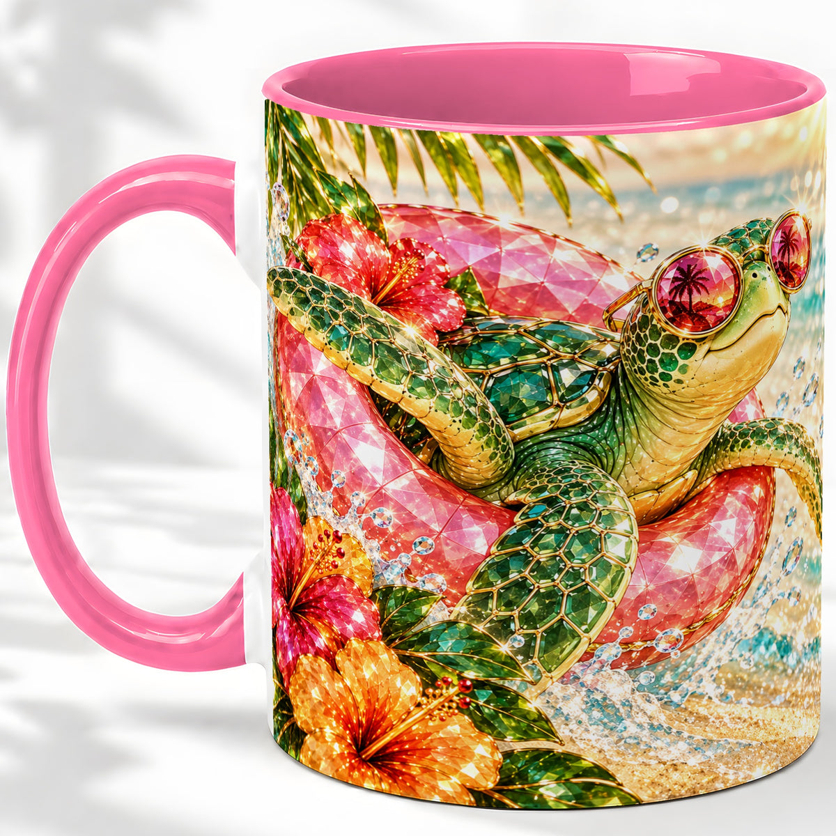 #pl[11oz|Pink] Tropical Sea Turtle Accent Mug, Ceramic Drinkware for Beach Fans