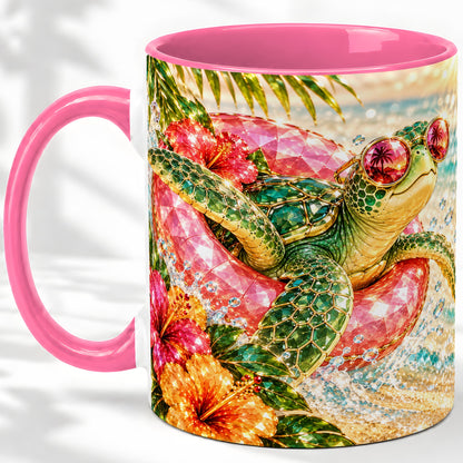 #pl[11oz|Pink] Tropical Sea Turtle Accent Mug, Ceramic Drinkware for Beach Fans