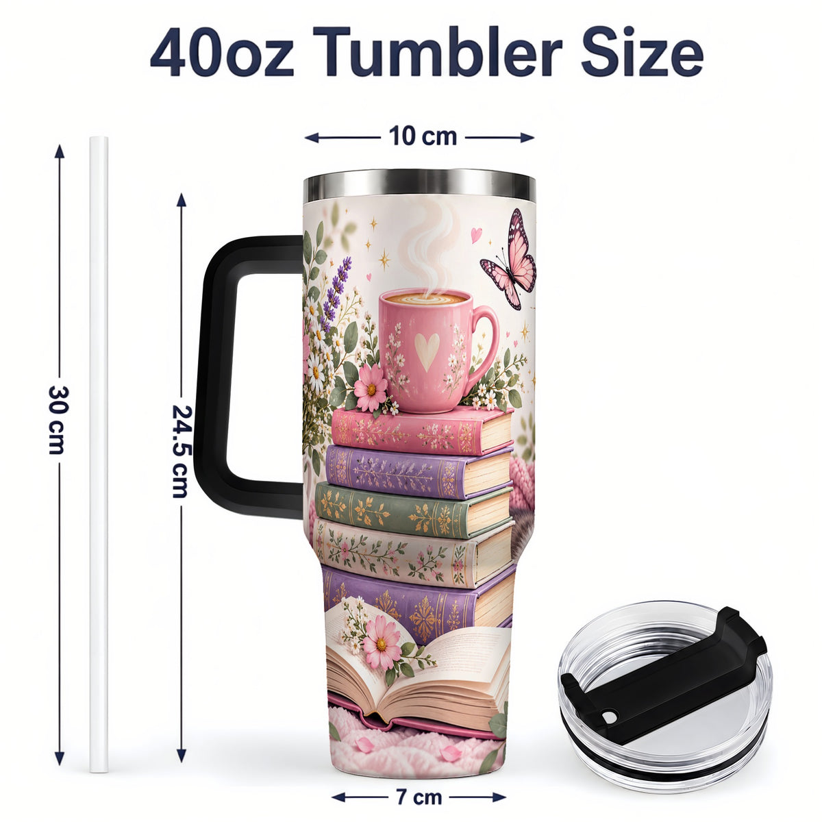 #pl[40oz|Black] Cozy Reading Cat Floral 40oz Tumbler, Stainless Steel