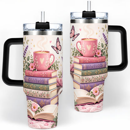#pl[40oz|Black] Cozy Reading Cat Floral 40oz Tumbler, Stainless Steel