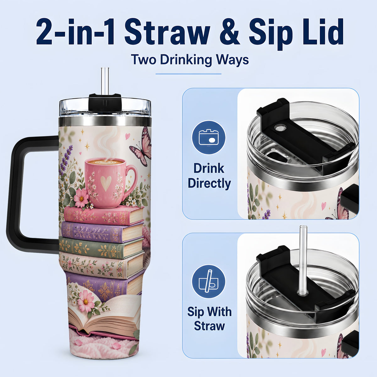 #pl[40oz|Black] Cozy Reading Cat Floral 40oz Tumbler, Stainless Steel
