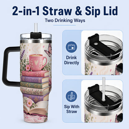 #pl[40oz|Black] Cozy Reading Cat Floral 40oz Tumbler, Stainless Steel