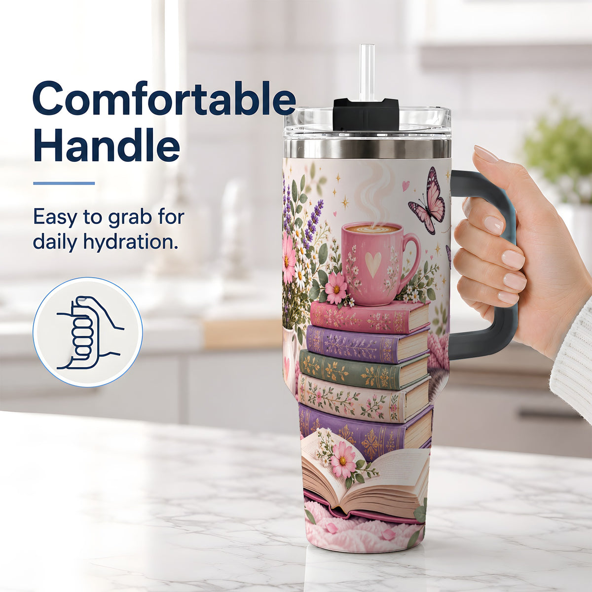#pl[40oz|Black] Cozy Reading Cat Floral 40oz Tumbler, Stainless Steel