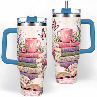 #pl[40oz|Blue] Cozy Reading Cat Floral 40oz Tumbler, Stainless Steel