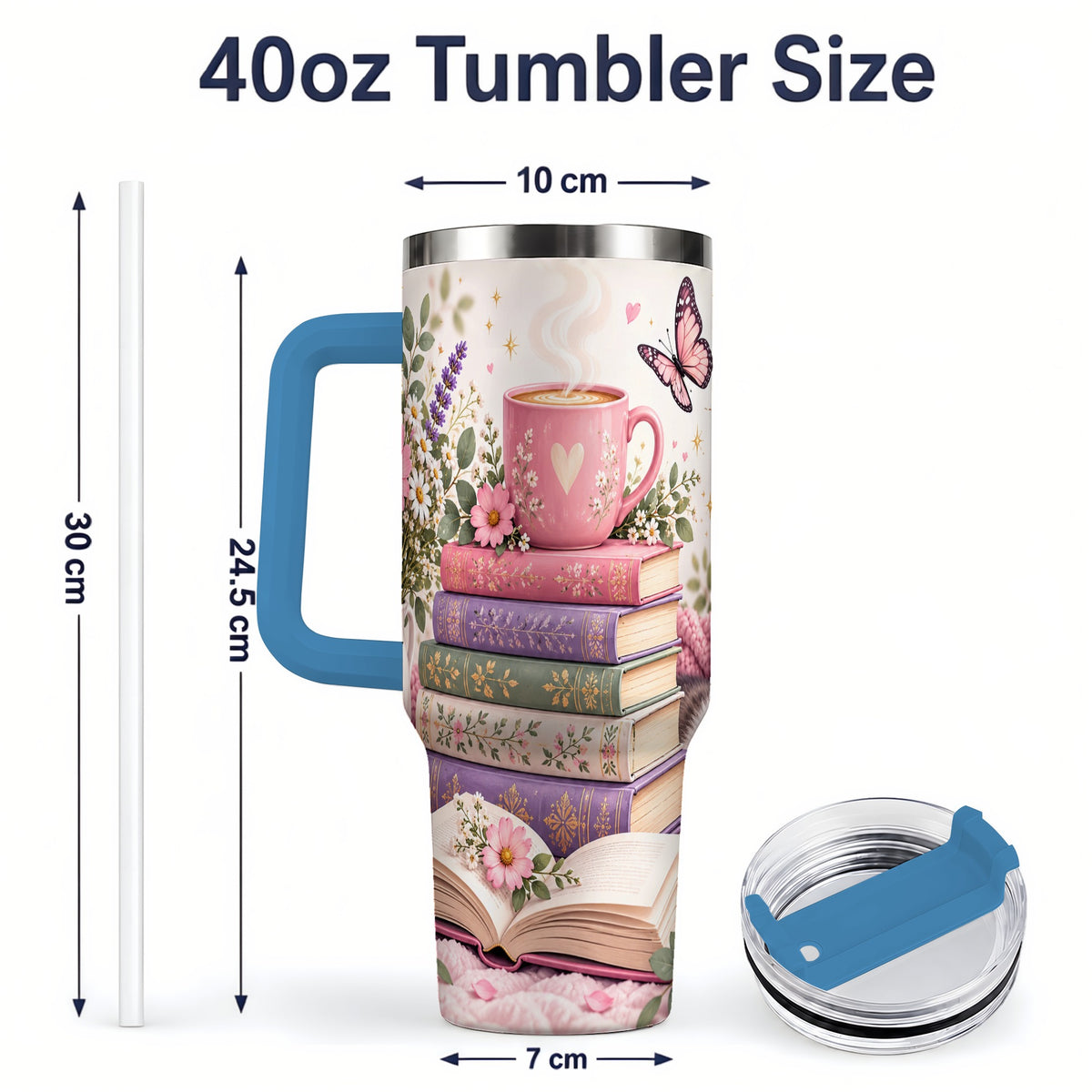 #pl[40oz|Blue] Cozy Reading Cat Floral 40oz Tumbler, Stainless Steel