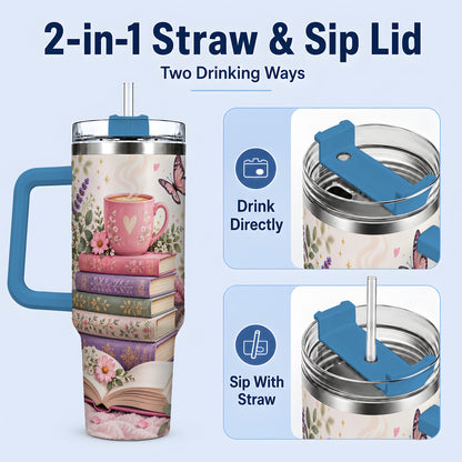 #pl[40oz|Blue] Cozy Reading Cat Floral 40oz Tumbler, Stainless Steel