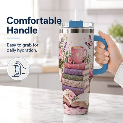 #pl[40oz|Blue] Cozy Reading Cat Floral 40oz Tumbler, Stainless Steel