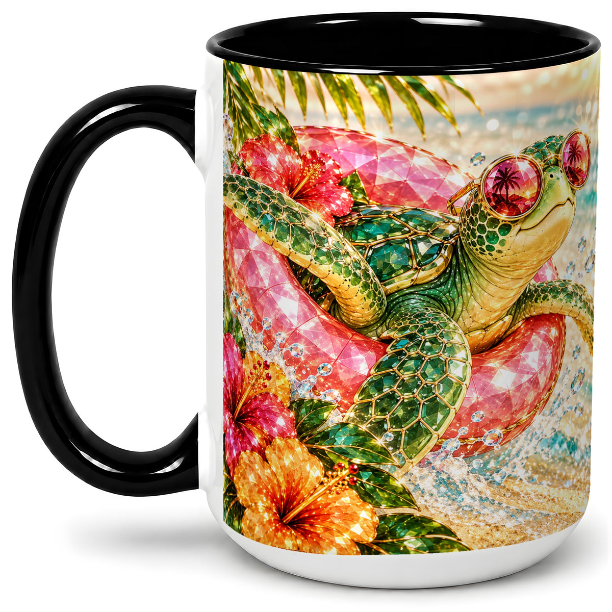#pl[15oz|Black] Tropical Sea Turtle Accent Mug, Ceramic Drinkware for Beach Fans
