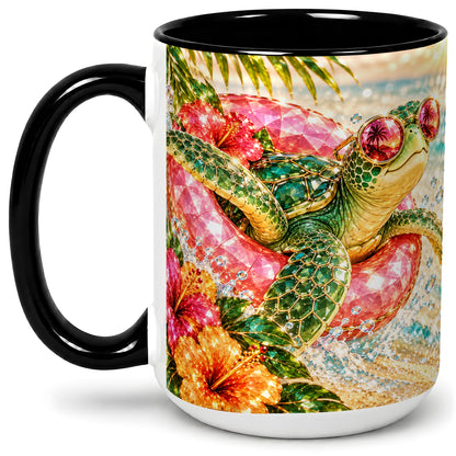 #pl[15oz|Black] Tropical Sea Turtle Accent Mug, Ceramic Drinkware for Beach Fans