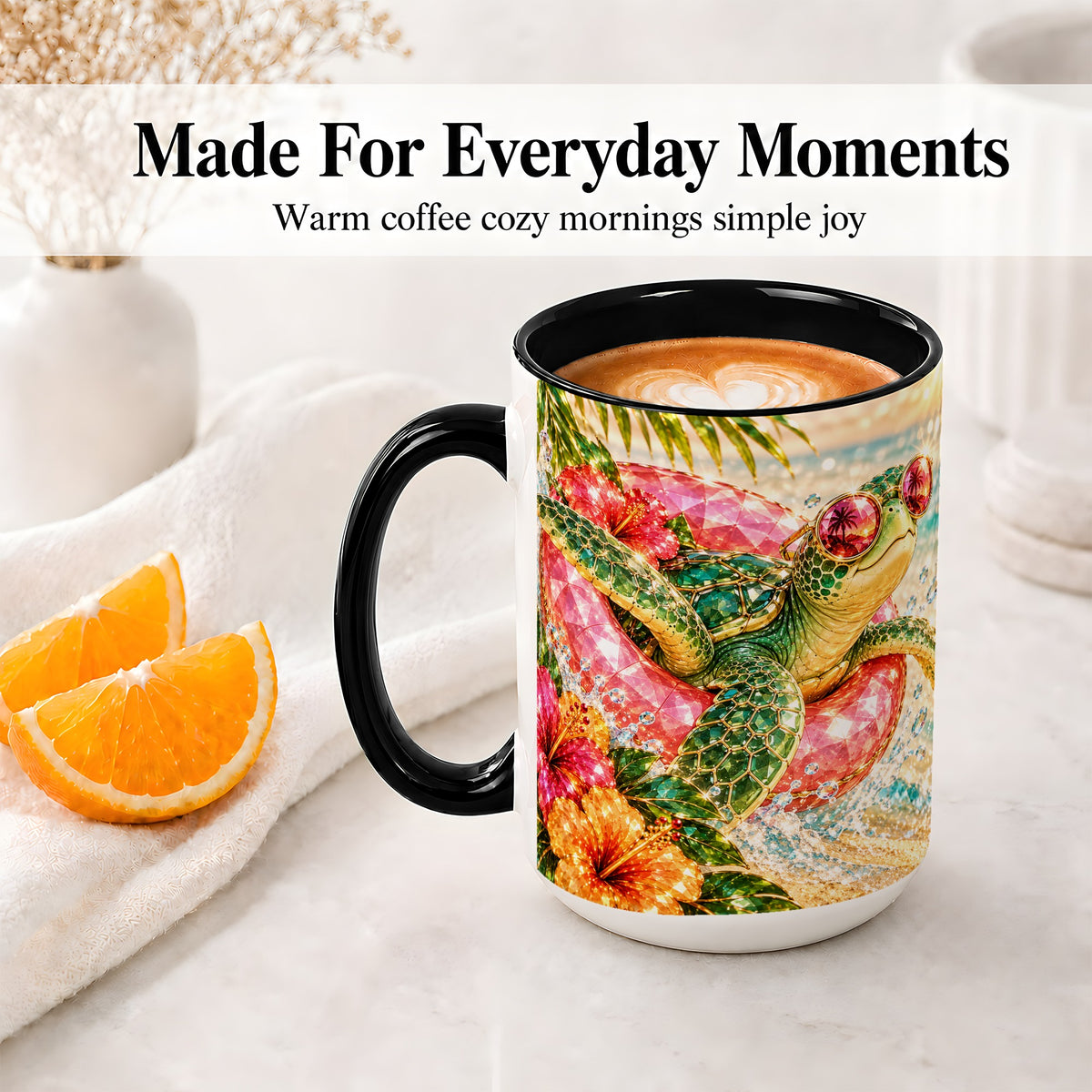 #pl[15oz|Black] Tropical Sea Turtle Accent Mug, Ceramic Drinkware for Beach Fans