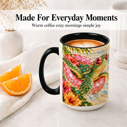 #pl[15oz|Black] Tropical Sea Turtle Accent Mug, Ceramic Drinkware for Beach Fans