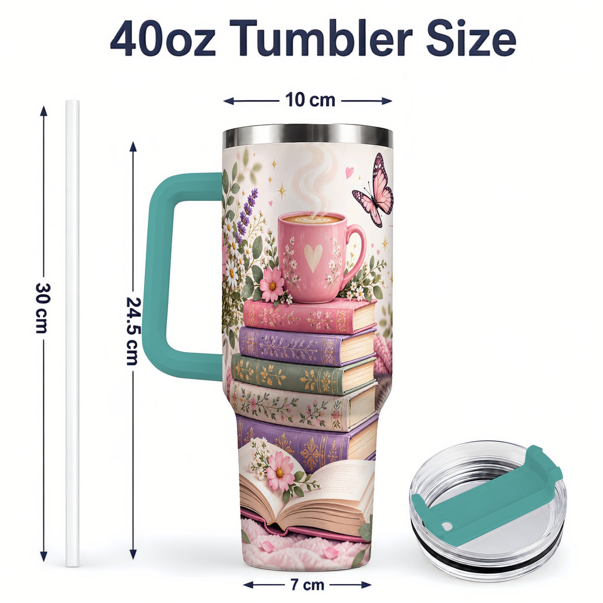 #pl[40oz|Green] Cozy Reading Cat Floral 40oz Tumbler, Stainless Steel