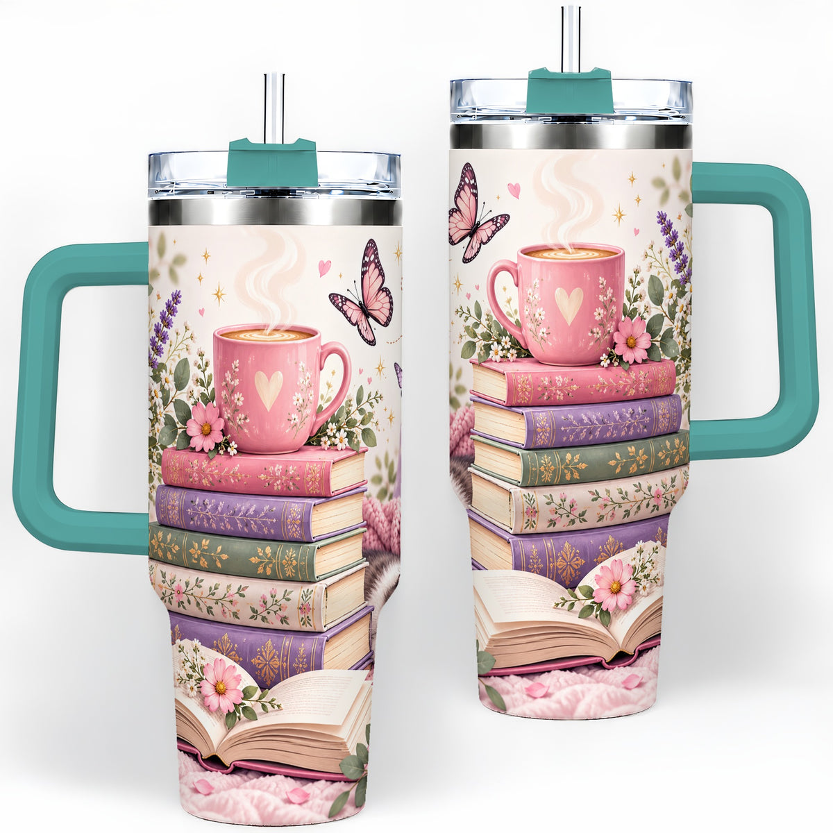 #pl[40oz|Green] Cozy Reading Cat Floral 40oz Tumbler, Stainless Steel