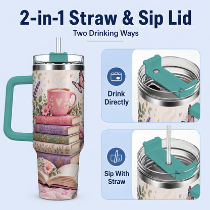 #pl[40oz|Green] Cozy Reading Cat Floral 40oz Tumbler, Stainless Steel