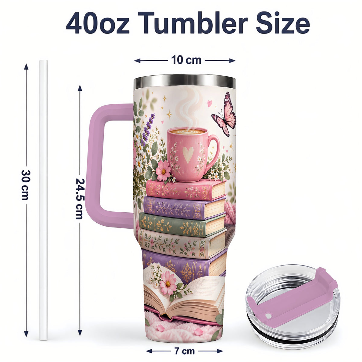 #pl[40oz|Pink] Cozy Reading Cat Floral 40oz Tumbler, Stainless Steel