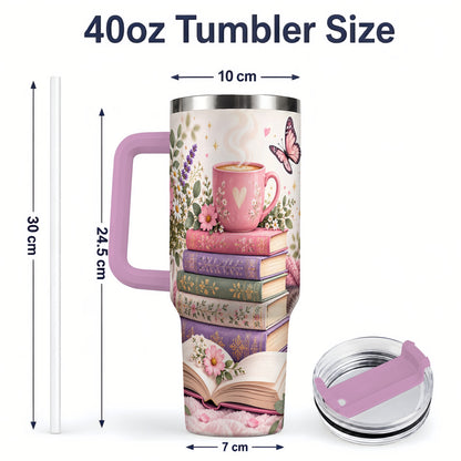 #pl[40oz|Pink] Cozy Reading Cat Floral 40oz Tumbler, Stainless Steel