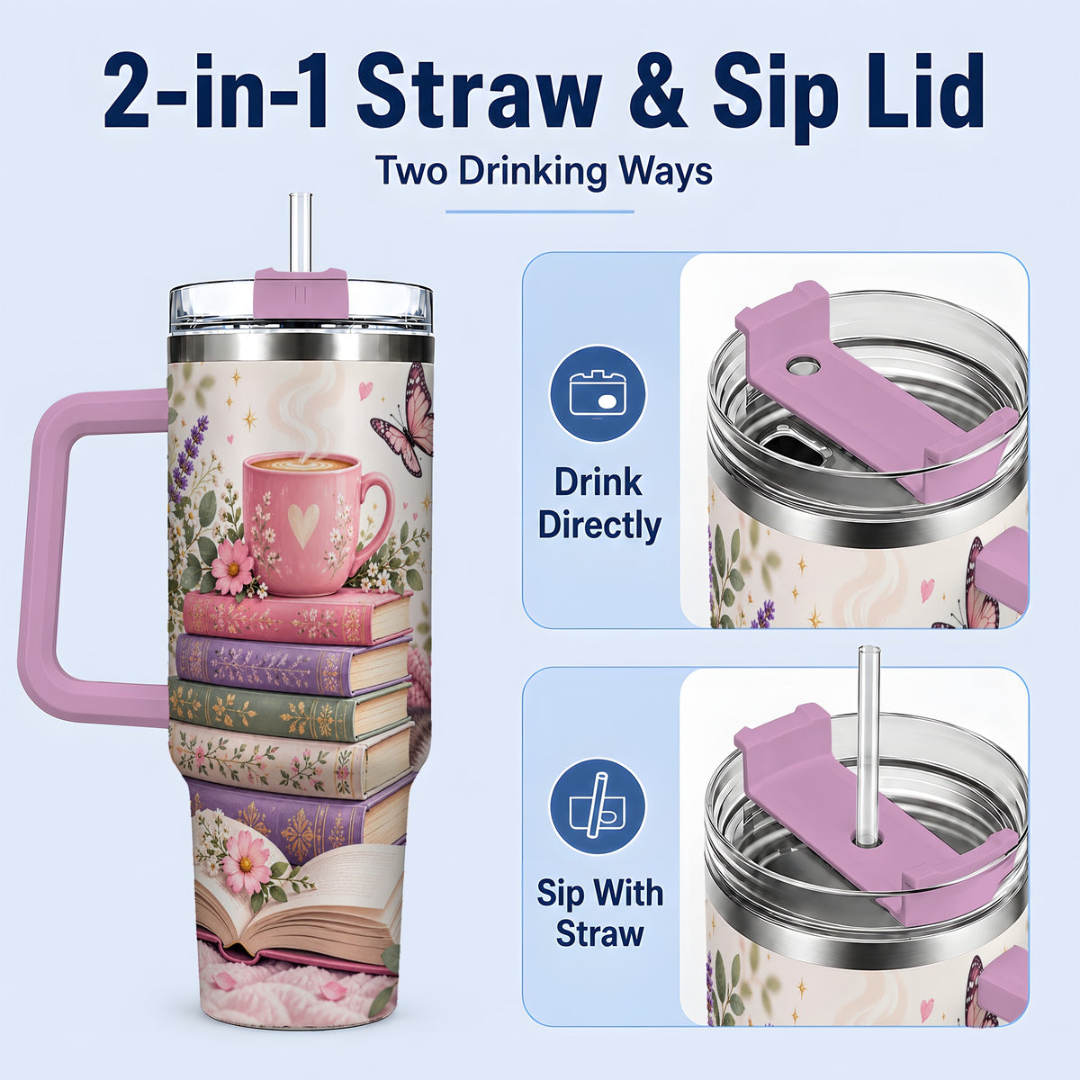 #pl[40oz|Pink] Cozy Reading Cat Floral 40oz Tumbler, Stainless Steel
