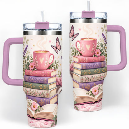 #pl[40oz|Pink] Cozy Reading Cat Floral 40oz Tumbler, Stainless Steel