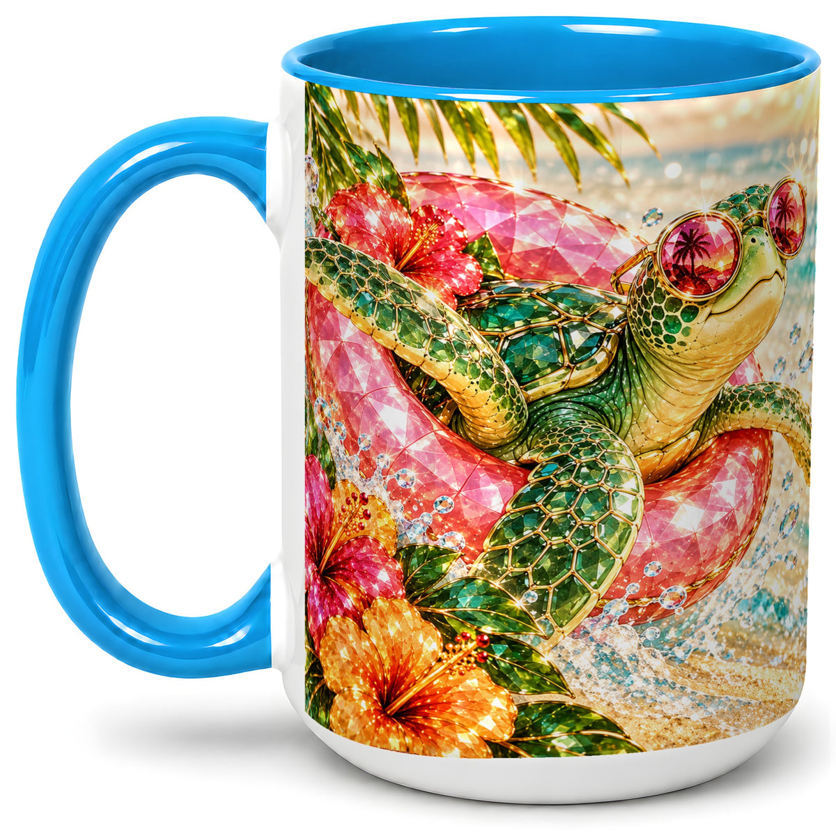 #pl[15oz|Blue] Tropical Sea Turtle Accent Mug, Ceramic Drinkware for Beach Fans