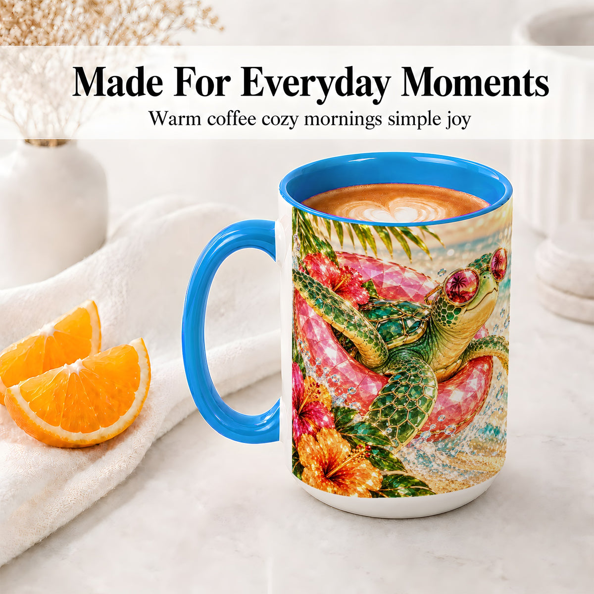 #pl[15oz|Blue] Tropical Sea Turtle Accent Mug, Ceramic Drinkware for Beach Fans