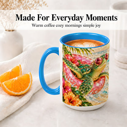#pl[15oz|Blue] Tropical Sea Turtle Accent Mug, Ceramic Drinkware for Beach Fans