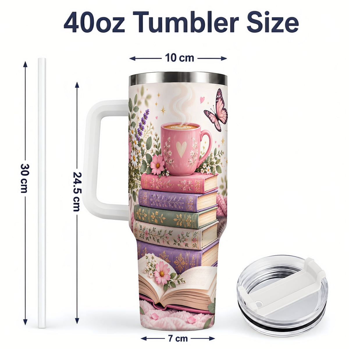 #pl[40oz|White] Cozy Reading Cat Floral 40oz Tumbler, Stainless Steel