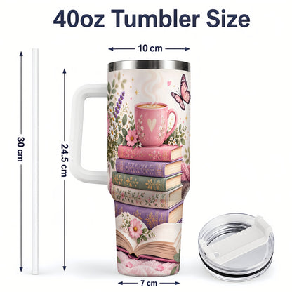 #pl[40oz|White] Cozy Reading Cat Floral 40oz Tumbler, Stainless Steel