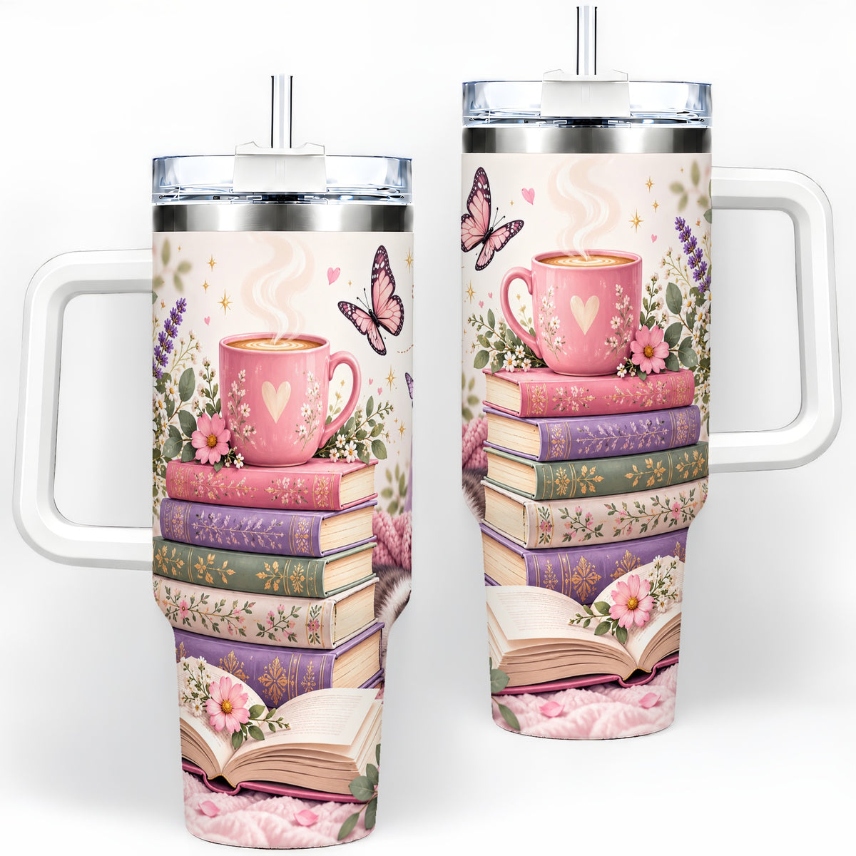 Cozy Reading Cat Floral 40oz Tumbler, Stainless Steel