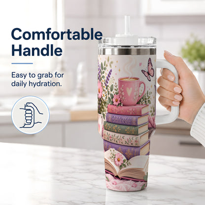 #pl[40oz|White] Cozy Reading Cat Floral 40oz Tumbler, Stainless Steel