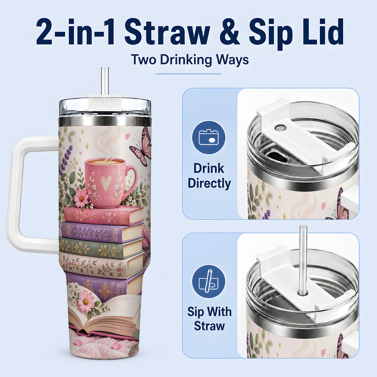 #pl[40oz|White] Cozy Reading Cat Floral 40oz Tumbler, Stainless Steel