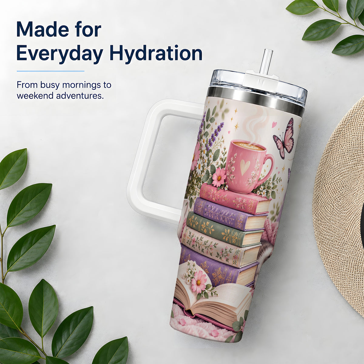 Cozy Reading Cat Floral 40oz Tumbler, Stainless Steel
