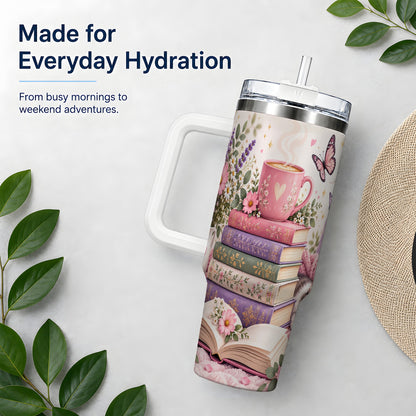 Cozy Reading Cat Floral 40oz Tumbler, Stainless Steel