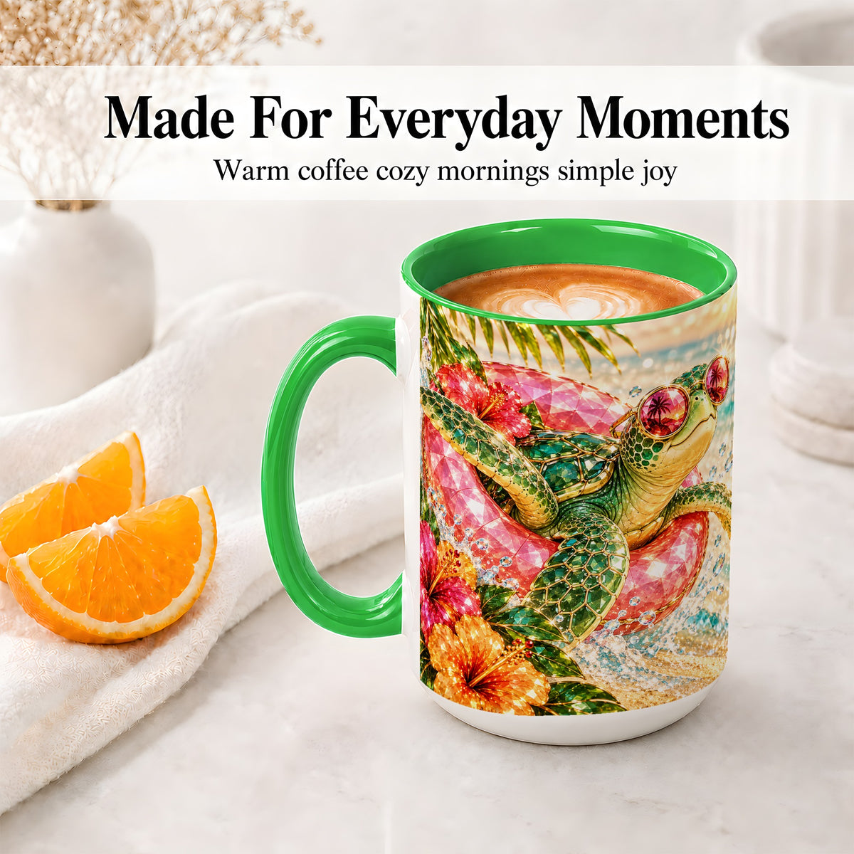 #pl[15oz|Green] Tropical Sea Turtle Accent Mug, Ceramic Drinkware for Beach Fans