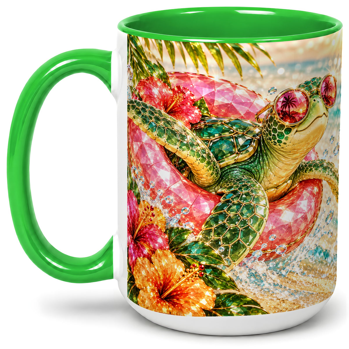 #pl[15oz|Green] Tropical Sea Turtle Accent Mug, Ceramic Drinkware for Beach Fans