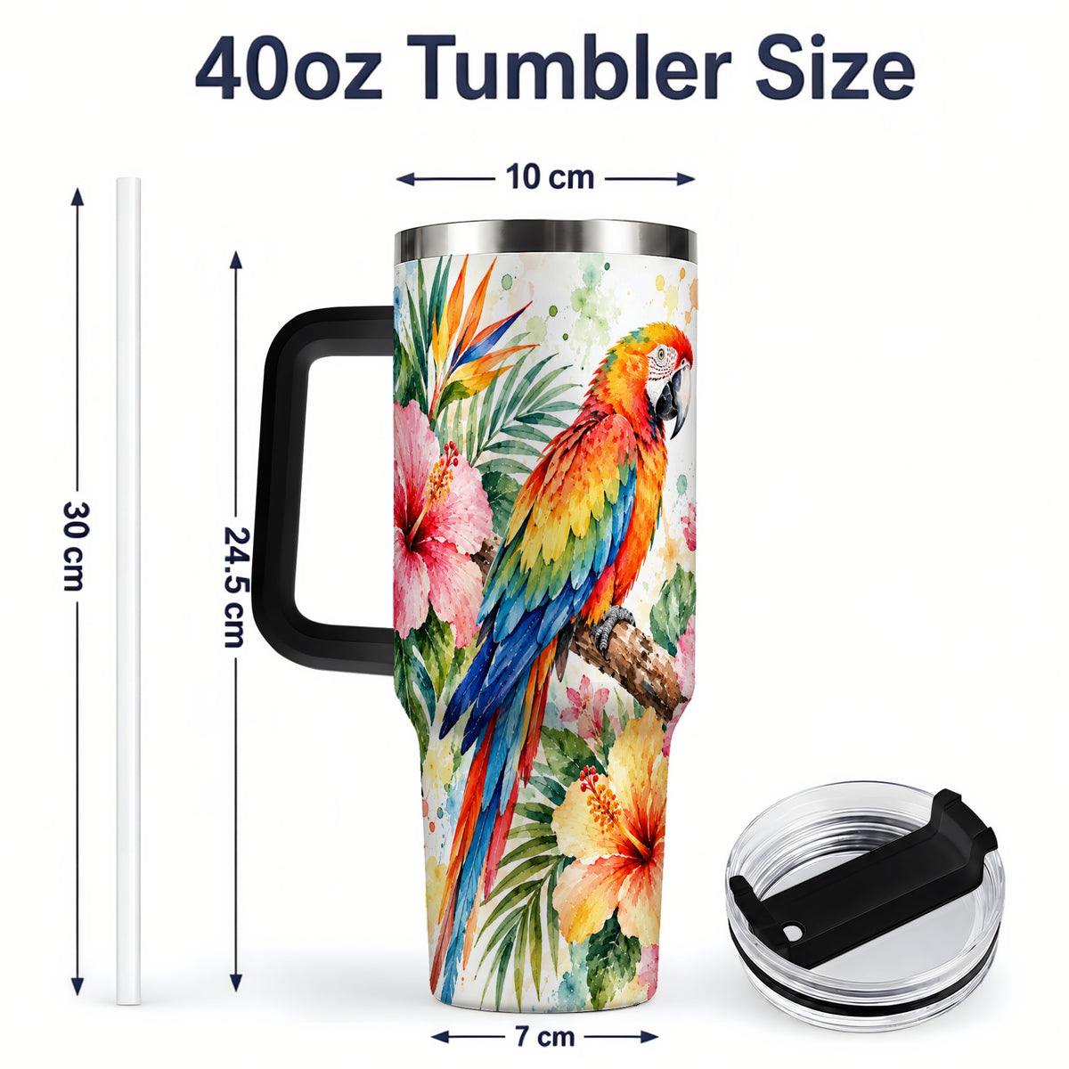 #pl[40oz|Black] Tropical Macaw Hibiscus 40oz Tumbler, Stainless Steel Drinkware